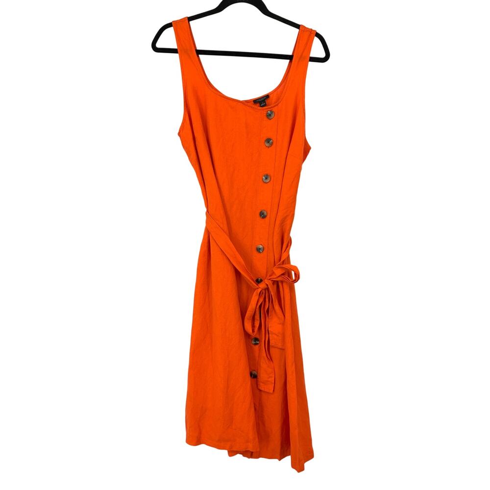 Ann Taylor Midi Dress Womens Size 12 Orange Linen Blend Belted Button Detail